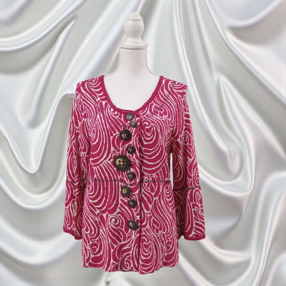 NIC t ZOE FUSHIA AND WHITE CARDIGAN SWEATER XL HAS 9‎ DECORATIVE BUTTONS FRONT